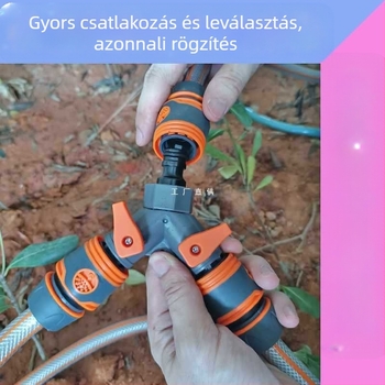 Plasztik Y-típusú tömlőelágazó kapcsolóval a víz elosztásához; gyorscsatlakozók: 6-, 2-, 3-, 4- és 1 hüvelykes; bemeneti/kimeneti 16–19 mm