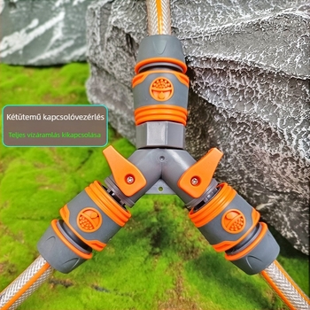 Plasztik Y-típusú tömlőelágazó kapcsolóval a víz elosztásához; gyorscsatlakozók: 6-, 2-, 3-, 4- és 1 hüvelykes; bemeneti/kimeneti 16–19 mm