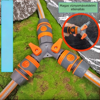 Plasztik Y-típusú tömlőelágazó kapcsolóval a víz elosztásához; gyorscsatlakozók: 6-, 2-, 3-, 4- és 1 hüvelykes; bemeneti/kimeneti 16–19 mm