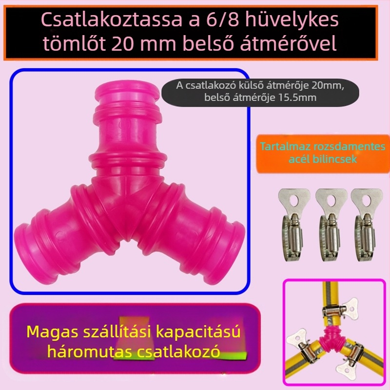 Plasztik Y-típusú tömlőelágazó kapcsolóval a víz elosztásához; gyorscsatlakozók: 6-, 2-, 3-, 4- és 1 hüvelykes; bemeneti/kimeneti 16–19 mm
