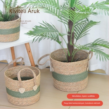 Szalmából font növénytartó kosár, modell 03650, pastoral stílus, beltéri dekoráció növényekhez és bonsaihoz, gyümölcs- és zöldségtartó