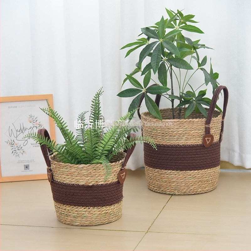 Szalmából font növénytartó kosár, modell 03650, pastoral stílus, beltéri dekoráció növényekhez és bonsaihoz, gyümölcs- és zöldségtartó