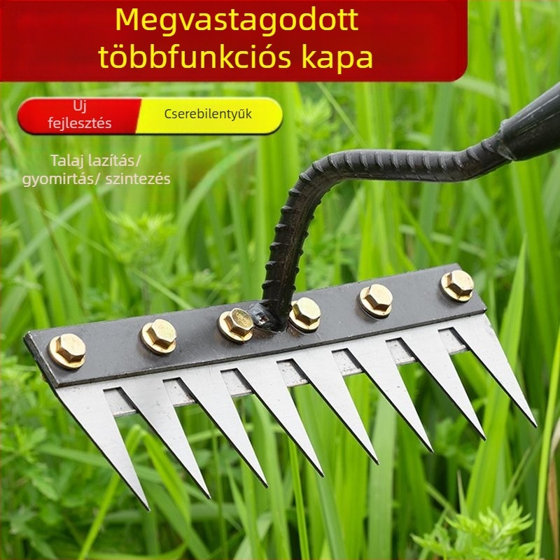 Kerti gereblye és kapáló – mangán acél, ötfogú kialakítás, többfunkciós, talaj lazítása, gyomirtás