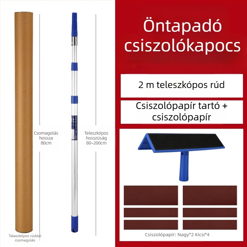 Teleszkópos glettelő tartó alumíniumötvözetből, Velcro alapú, száraz csiszoláshoz falakhoz