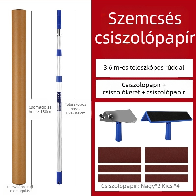 Teleszkópos glettelő tartó alumíniumötvözetből, Velcro alapú, száraz csiszoláshoz falakhoz