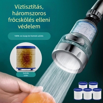 Háztartási csaphoz tervezett háromsebességes univerzális csatlakozású szűrő, anti-szórás. Anyag: ABS; Modell: 22/24 mm; Felületkezelés: elektroplatolás; Szerelés: forgatható menet; Működési hőmérséklet: 0–80°C; Névleges nyomás: 1 bar.