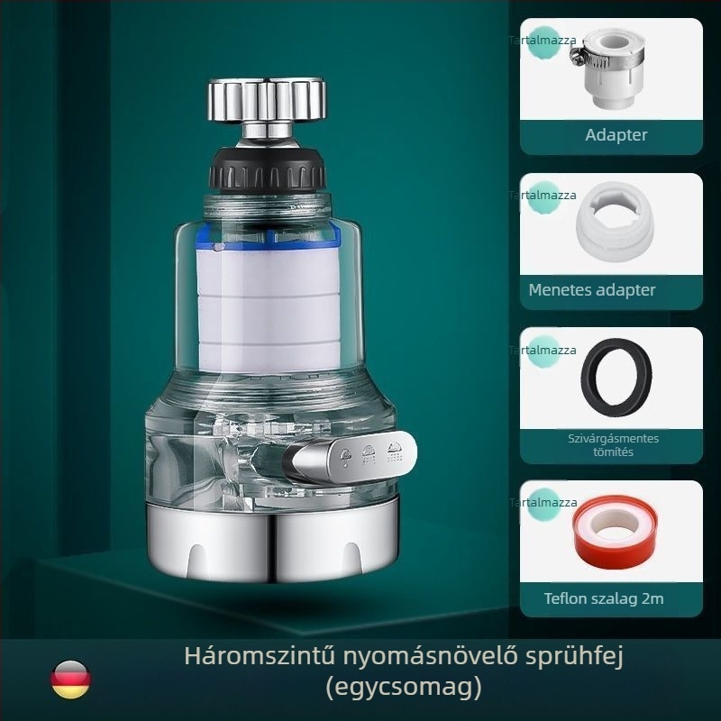 Háztartási csaphoz tervezett háromsebességes univerzális csatlakozású szűrő, anti-szórás. Anyag: ABS; Modell: 22/24 mm; Felületkezelés: elektroplatolás; Szerelés: forgatható menet; Működési hőmérséklet: 0–80°C; Névleges nyomás: 1 bar.