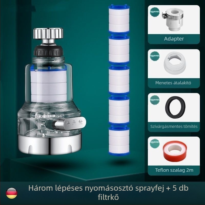 Háztartási csaphoz tervezett háromsebességes univerzális csatlakozású szűrő, anti-szórás. Anyag: ABS; Modell: 22/24 mm; Felületkezelés: elektroplatolás; Szerelés: forgatható menet; Működési hőmérséklet: 0–80°C; Névleges nyomás: 1 bar.