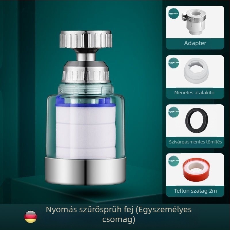 Háztartási csaphoz tervezett háromsebességes univerzális csatlakozású szűrő, anti-szórás. Anyag: ABS; Modell: 22/24 mm; Felületkezelés: elektroplatolás; Szerelés: forgatható menet; Működési hőmérséklet: 0–80°C; Névleges nyomás: 1 bar.