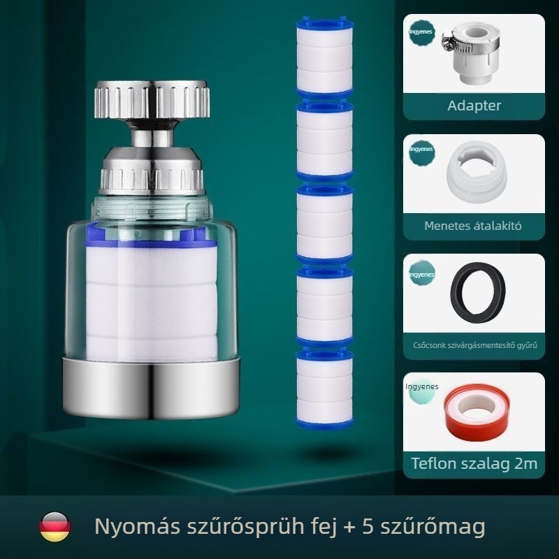 Háztartási csaphoz tervezett háromsebességes univerzális csatlakozású szűrő, anti-szórás. Anyag: ABS; Modell: 22/24 mm; Felületkezelés: elektroplatolás; Szerelés: forgatható menet; Működési hőmérséklet: 0–80°C; Névleges nyomás: 1 bar.