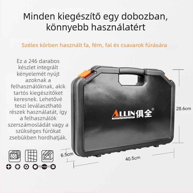 Többfunkciós spirálfúró készlet faipari és építési felhasználásra; alkalmas kerámia burkolatokhoz és üveghez; tartalmaz csavarhúzó biteket és reamer-t