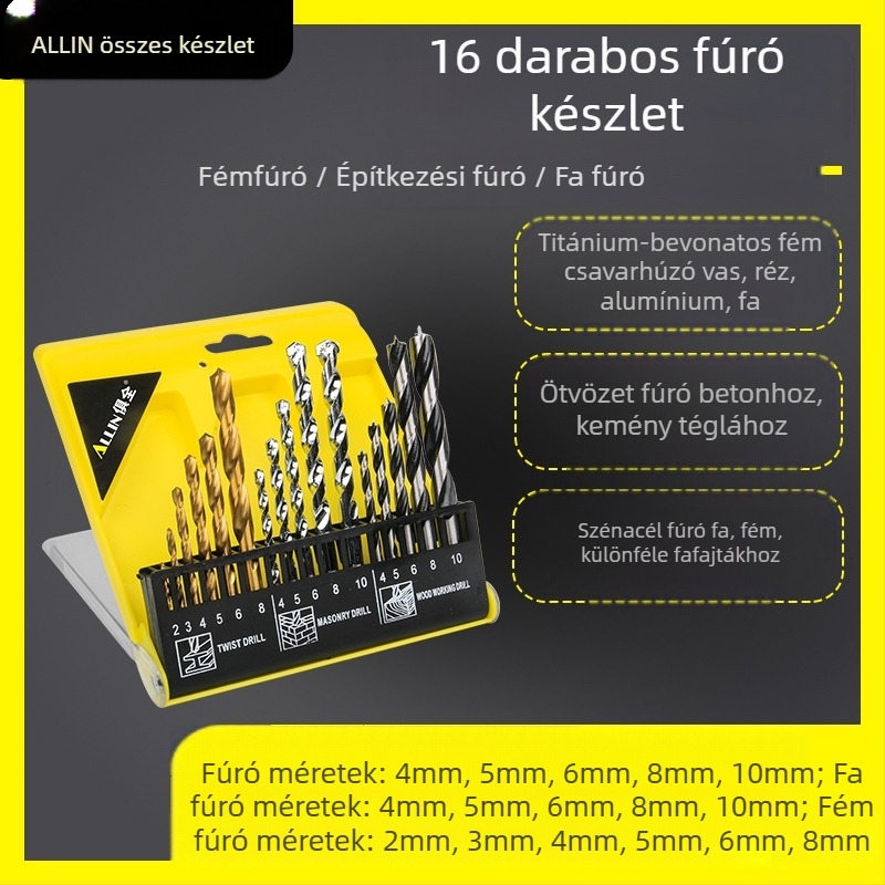 Többfunkciós spirálfúró készlet faipari és építési felhasználásra; alkalmas kerámia burkolatokhoz és üveghez; tartalmaz csavarhúzó biteket és reamer-t