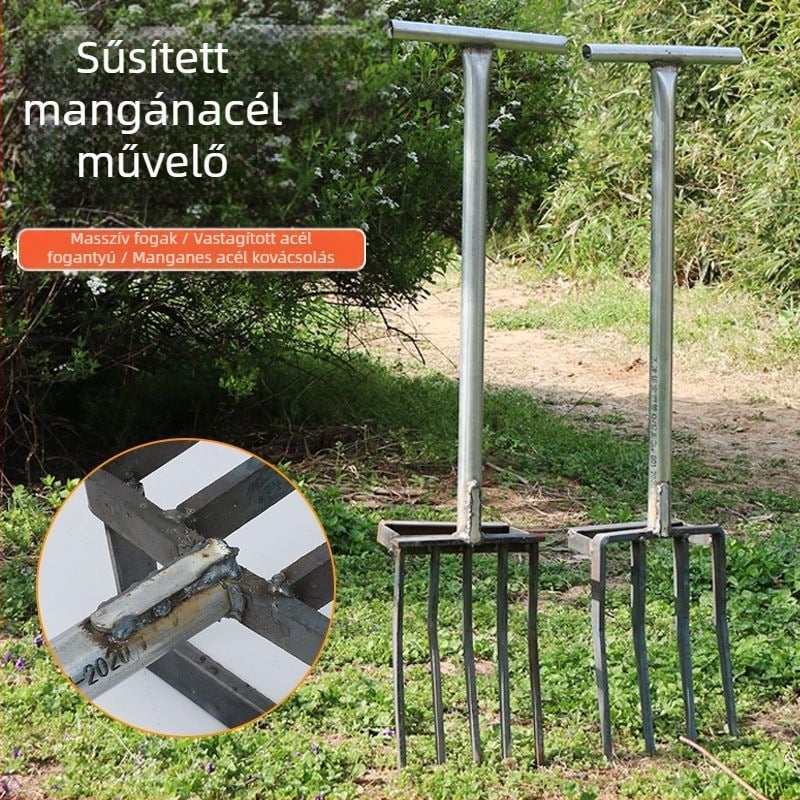 Növénytermesztéshez készült négyágú mangánacél talajlazító villa, egy darabból álló integrált kivitelezés, magas szilárdságú, hagyma, gyömbér és fokhagyma ásásához