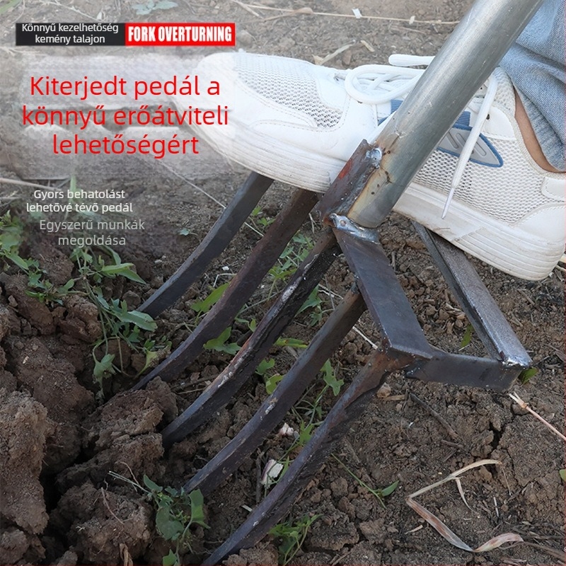 Növénytermesztéshez készült négyágú mangánacél talajlazító villa, egy darabból álló integrált kivitelezés, magas szilárdságú, hagyma, gyömbér és fokhagyma ásásához