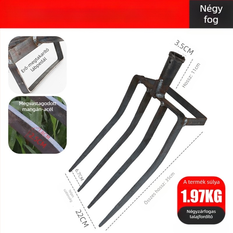 Növénytermesztéshez készült négyágú mangánacél talajlazító villa, egy darabból álló integrált kivitelezés, magas szilárdságú, hagyma, gyömbér és fokhagyma ásásához