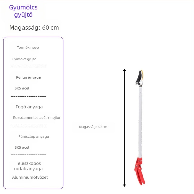 Teleszkópos gyümölcs szedőolló, hosszú elérési távolsággal magas ágakhoz