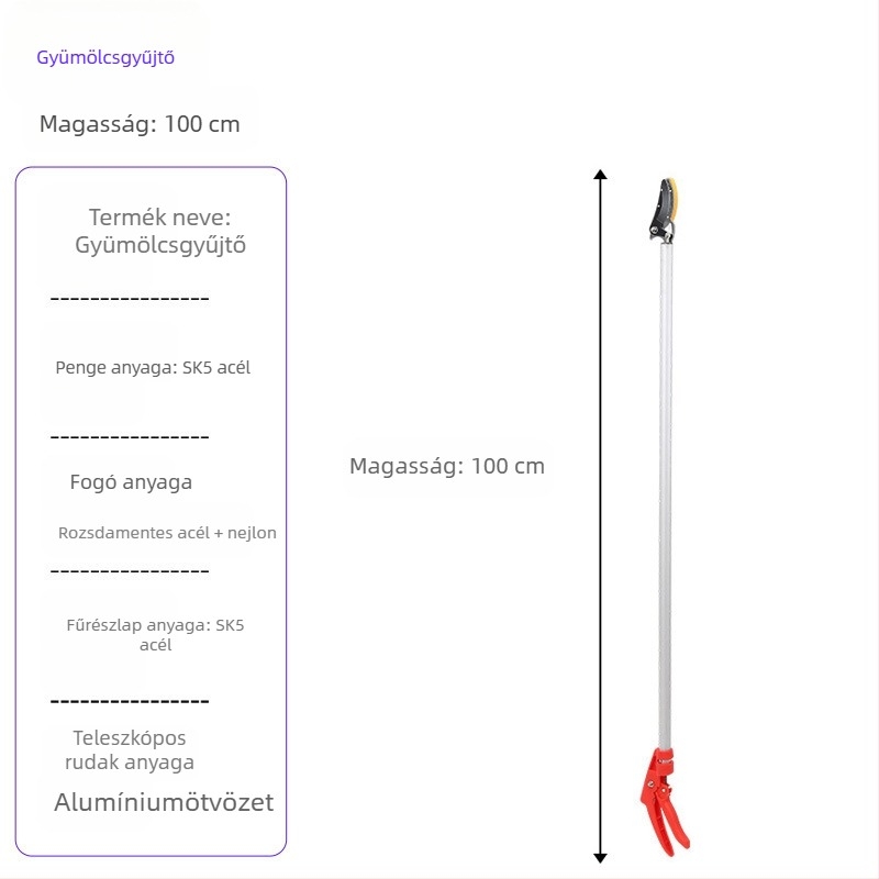 Teleszkópos gyümölcs szedőolló, hosszú elérési távolsággal magas ágakhoz