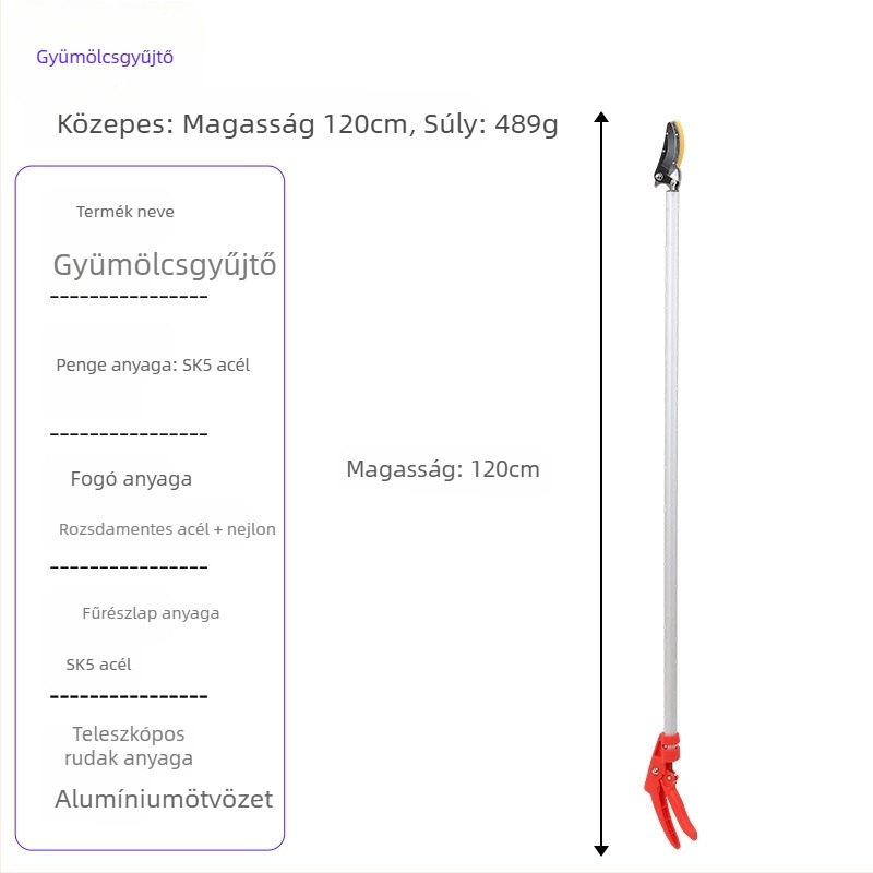 Teleszkópos gyümölcs szedőolló, hosszú elérési távolsággal magas ágakhoz