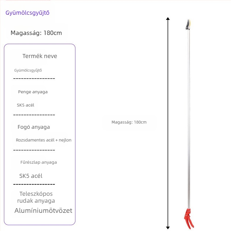 Teleszkópos gyümölcs szedőolló, hosszú elérési távolsággal magas ágakhoz