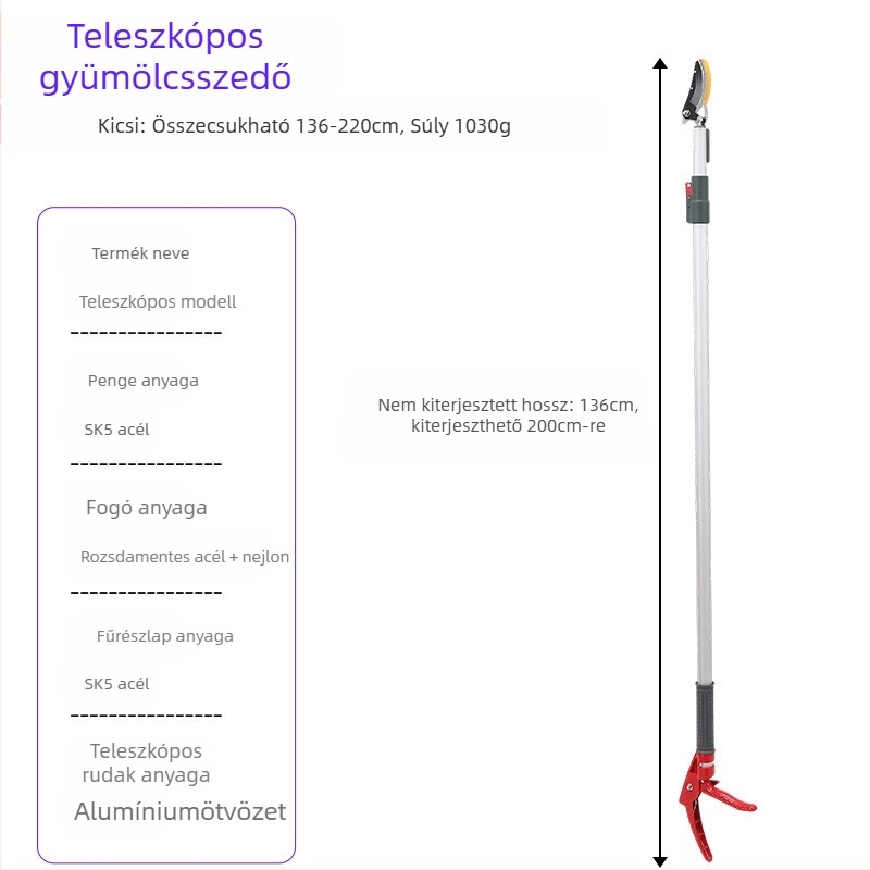 Teleszkópos gyümölcs szedőolló, hosszú elérési távolsággal magas ágakhoz