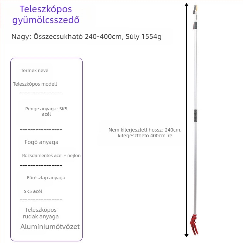 Teleszkópos gyümölcs szedőolló, hosszú elérési távolsággal magas ágakhoz