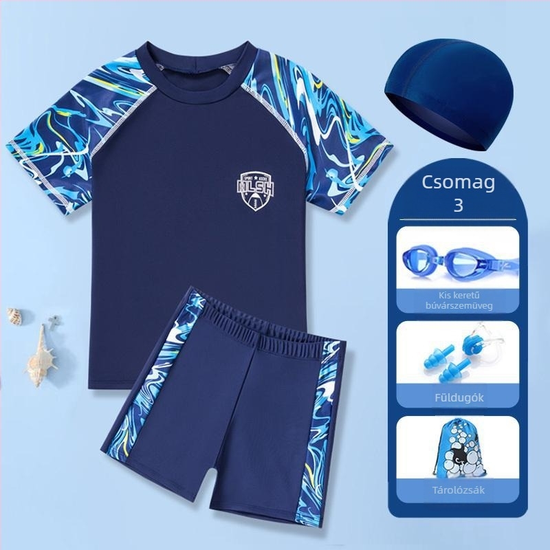 Két részes fiú fürdőruha – rövid ujjú felső és rövidnadrág, anyag Nylon/ Poliészter