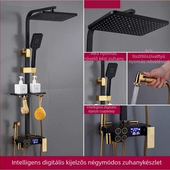 Falra szerelhető réz testű négyszögletes zuhanykészlet; funkciók: permetezés, hőmérséklet-szabályozás, eső; négy fokozat intelligens állandó hőmérséklet és digitális kijelző
