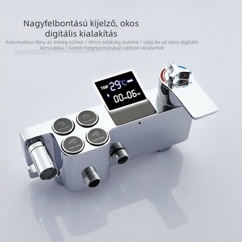 Falra szerelhető réz testű négyszögletes zuhanykészlet; funkciók: permetezés, hőmérséklet-szabályozás, eső; négy fokozat intelligens állandó hőmérséklet és digitális kijelző