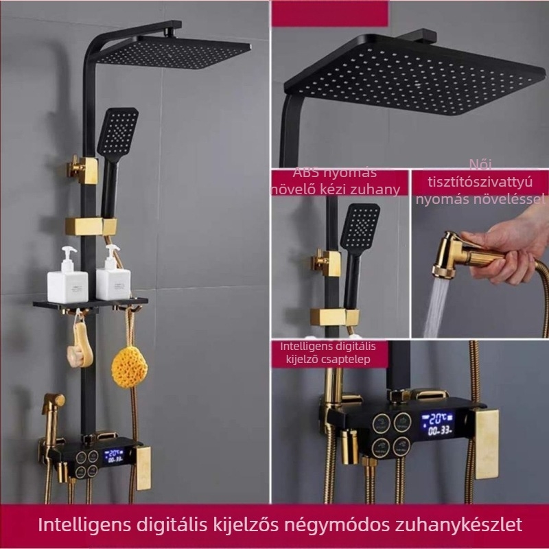 Falra szerelhető réz testű négyszögletes zuhanykészlet; funkciók: permetezés, hőmérséklet-szabályozás, eső; négy fokozat intelligens állandó hőmérséklet és digitális kijelző