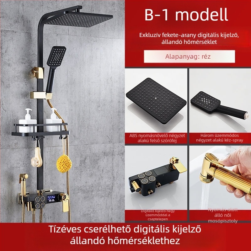 Falra szerelhető réz testű négyszögletes zuhanykészlet; funkciók: permetezés, hőmérséklet-szabályozás, eső; négy fokozat intelligens állandó hőmérséklet és digitális kijelző