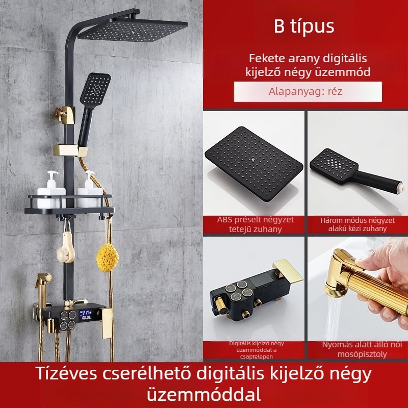 Falra szerelhető réz testű négyszögletes zuhanykészlet; funkciók: permetezés, hőmérséklet-szabályozás, eső; négy fokozat intelligens állandó hőmérséklet és digitális kijelző