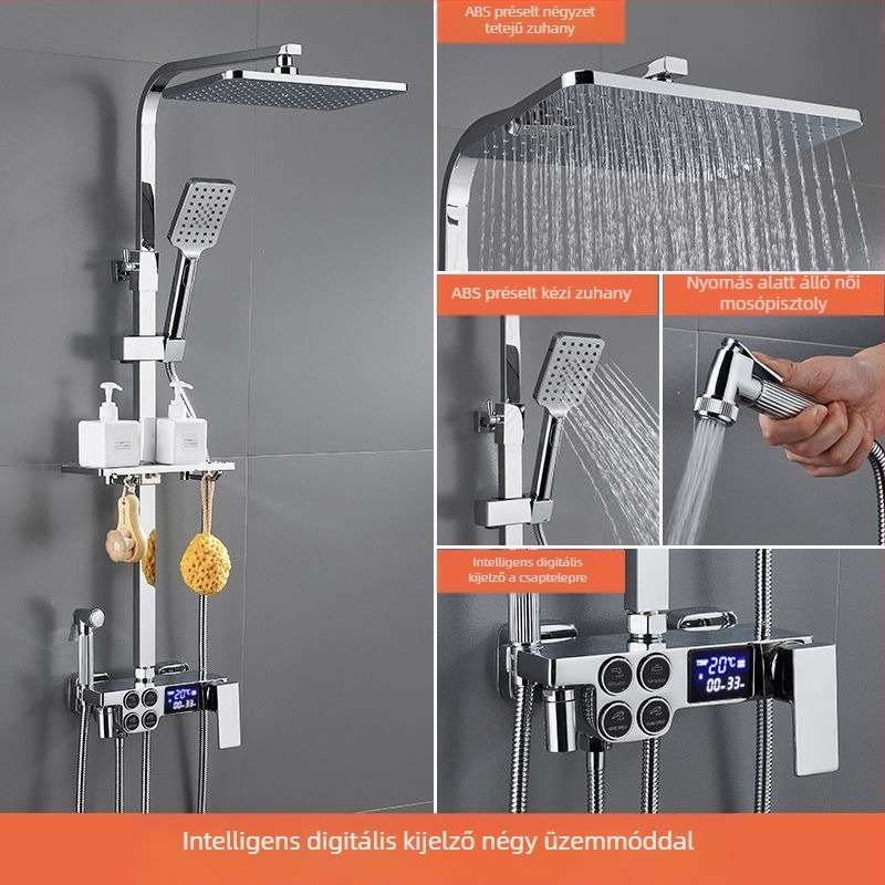 Falra szerelhető réz testű négyszögletes zuhanykészlet; funkciók: permetezés, hőmérséklet-szabályozás, eső; négy fokozat intelligens állandó hőmérséklet és digitális kijelző