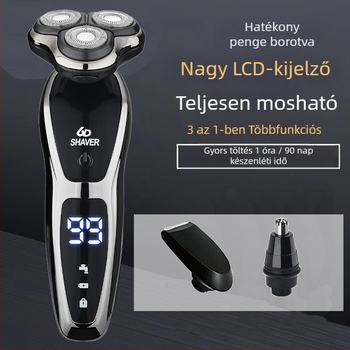 Férfiaknak szóló elektromos borotva körkörös 3 pengés fejjel, beépített akkumulátor 500–800 mAh, brushless motor, újratölthető, egész testre mosható, LED kijelző