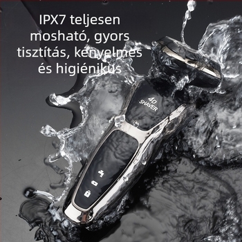 Férfiaknak szóló elektromos borotva körkörös 3 pengés fejjel, beépített akkumulátor 500–800 mAh, brushless motor, újratölthető, egész testre mosható, LED kijelző