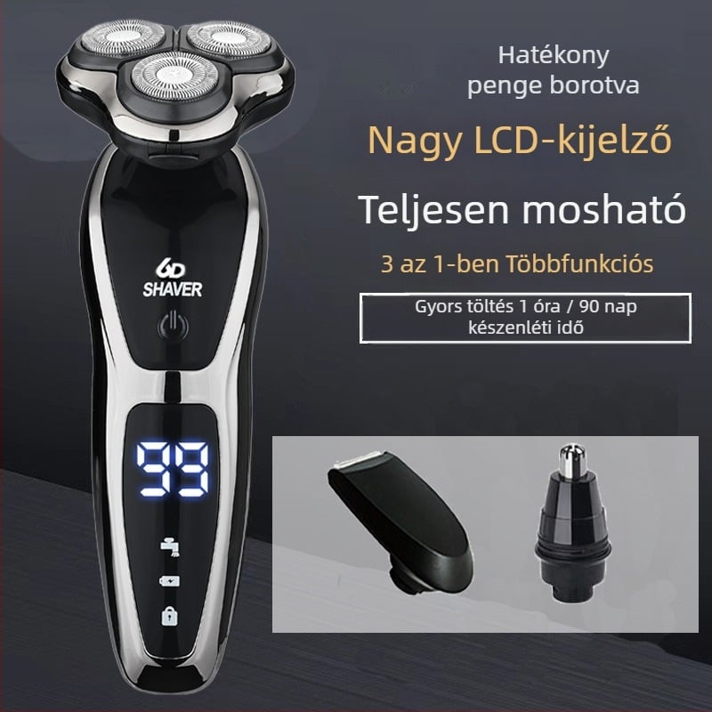 Férfiaknak szóló elektromos borotva körkörös 3 pengés fejjel, beépített akkumulátor 500–800 mAh, brushless motor, újratölthető, egész testre mosható, LED kijelző