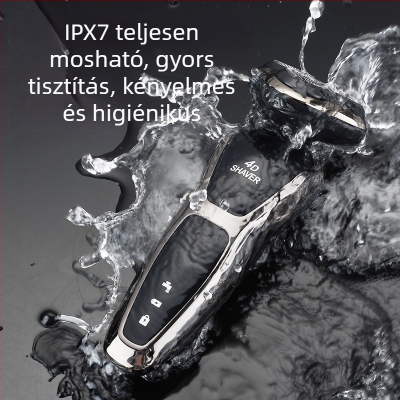 Férfiaknak szóló elektromos borotva körkörös 3 pengés fejjel, beépített akkumulátor 500–800 mAh, brushless motor, újratölthető, egész testre mosható, LED kijelző