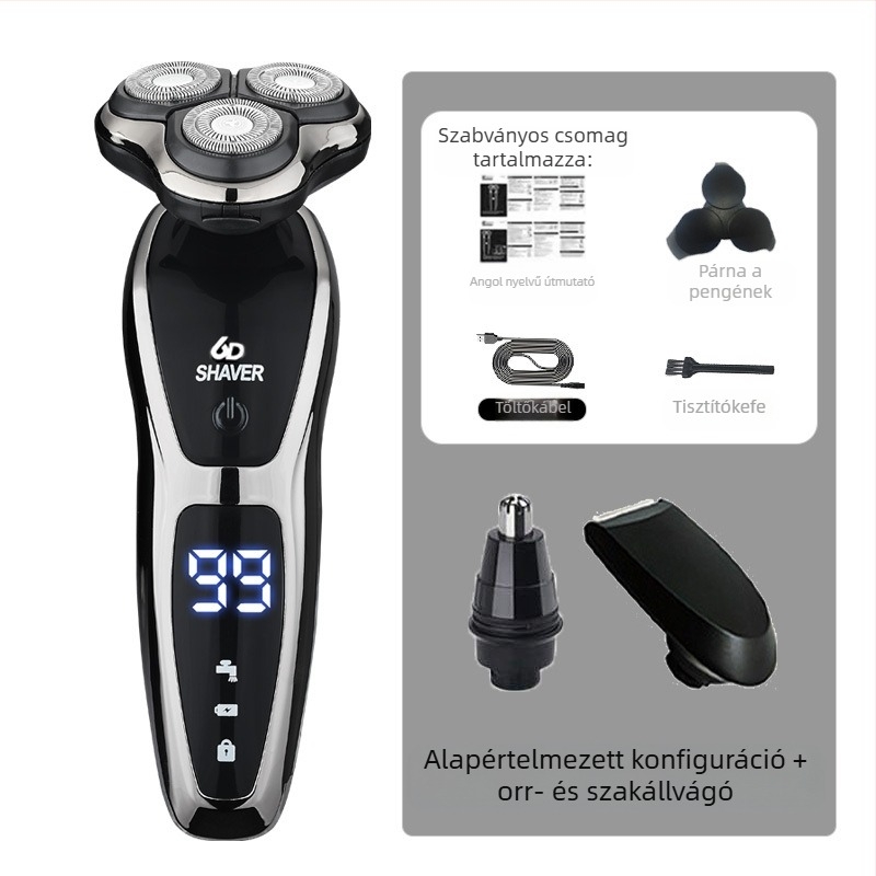 Férfiaknak szóló elektromos borotva körkörös 3 pengés fejjel, beépített akkumulátor 500–800 mAh, brushless motor, újratölthető, egész testre mosható, LED kijelző