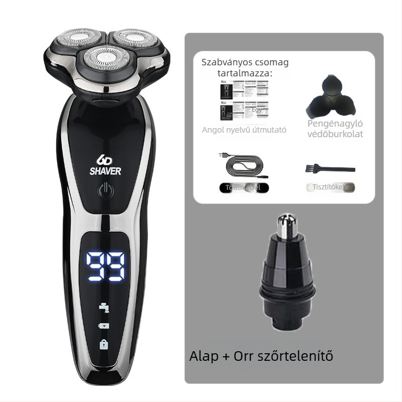 Férfiaknak szóló elektromos borotva körkörös 3 pengés fejjel, beépített akkumulátor 500–800 mAh, brushless motor, újratölthető, egész testre mosható, LED kijelző
