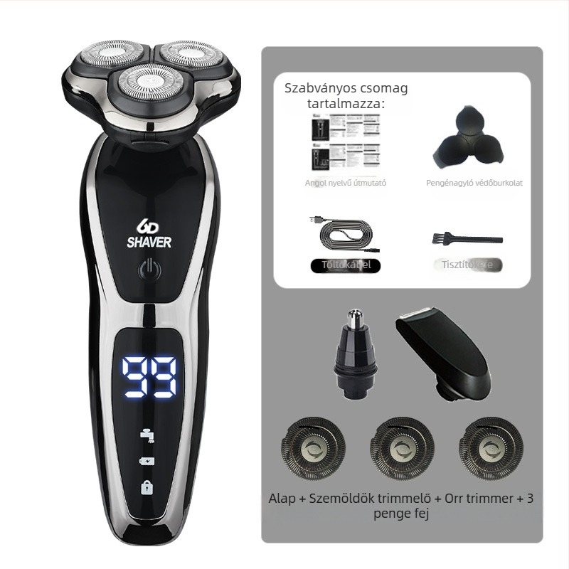 Férfiaknak szóló elektromos borotva körkörös 3 pengés fejjel, beépített akkumulátor 500–800 mAh, brushless motor, újratölthető, egész testre mosható, LED kijelző