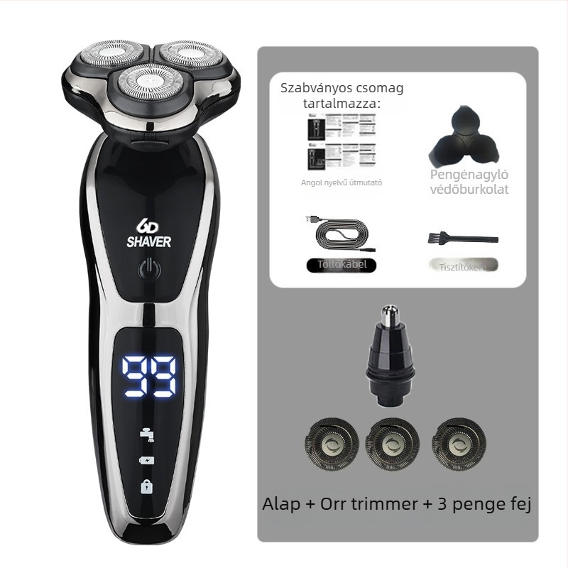 Férfiaknak szóló elektromos borotva körkörös 3 pengés fejjel, beépített akkumulátor 500–800 mAh, brushless motor, újratölthető, egész testre mosható, LED kijelző