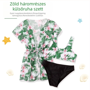 Háromrészes gyerek úszóruha készlet koreai-stílusú virágmintával, magas rugalmassággal (Poliészter anyag 200 g/m²; bélés: poliészter 18% elasztán; 3–12 éves lányok számára)