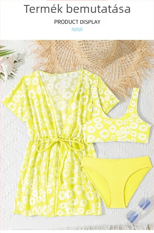 Háromrészes gyerek úszóruha készlet koreai-stílusú virágmintával, magas rugalmassággal (Poliészter anyag 200 g/m²; bélés: poliészter 18% elasztán; 3–12 éves lányok számára)