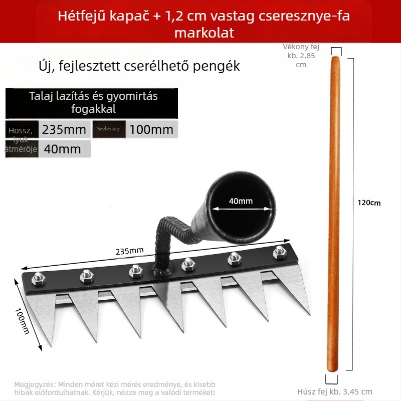 Multifunkcionális gyomirtó eszköz integrált kapával és mangán-ötvözet acéllal háztartási és mezőgazdasági használatra (talajforgatás, lazítás)
