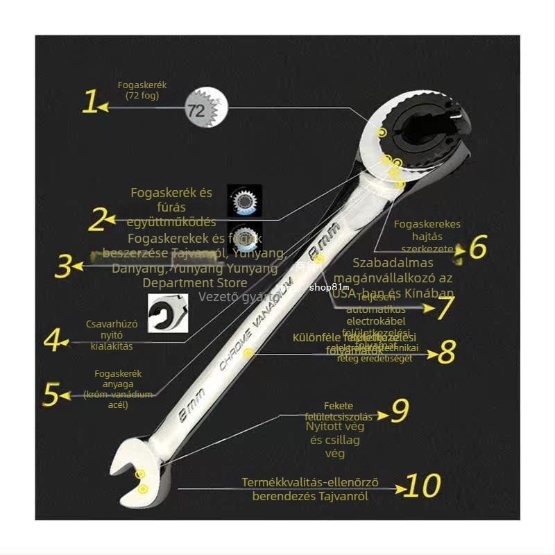 Kattantó kulcs (Króm-vanádium ötvözetű acél; Felületkezelés: egyéb; Típus: kattantó kulcs)