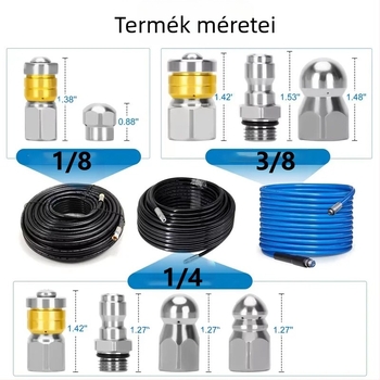 Independent rozsdamentes acélból készült magasnyomású csőtisztító fúvóka 1/4 inch csatlakozóval és 3/8 inch gyorscsatlakozóval
