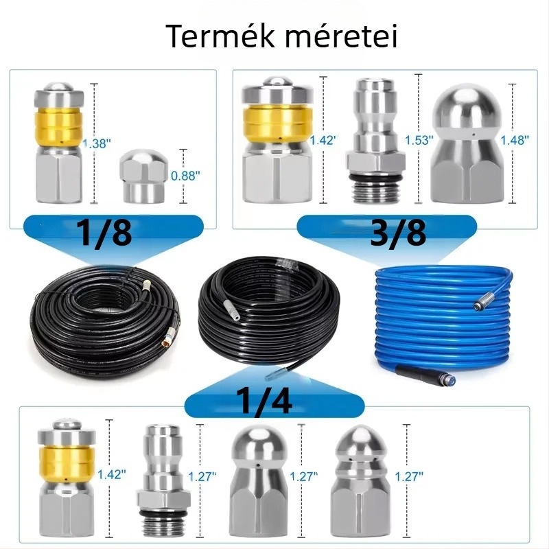 Independent rozsdamentes acélból készült magasnyomású csőtisztító fúvóka 1/4 inch csatlakozóval és 3/8 inch gyorscsatlakozóval