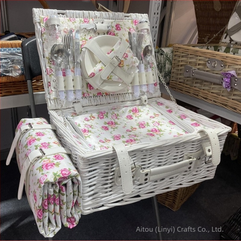 Piknik kosár, kézzel készített vesszőkosár fedővel, pásztor stílusú tárolókosár gyümölcsökhöz és másokhoz, izolált edényes táska (4 darabos készlet)