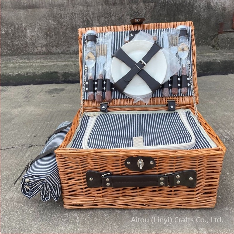 Piknik kosár, kézzel készített vesszőkosár fedővel, pásztor stílusú tárolókosár gyümölcsökhöz és másokhoz, izolált edényes táska (4 darabos készlet)