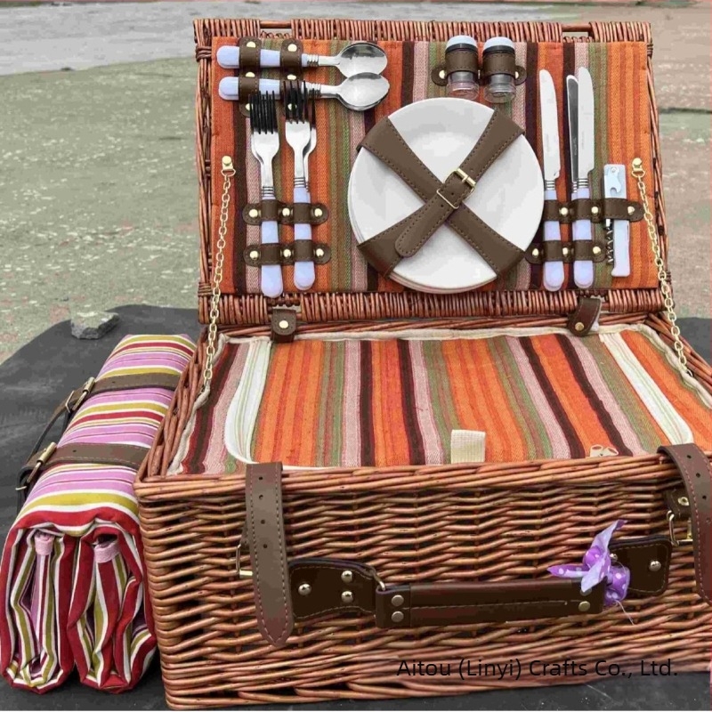 Piknik kosár, kézzel készített vesszőkosár fedővel, pásztor stílusú tárolókosár gyümölcsökhöz és másokhoz, izolált edényes táska (4 darabos készlet)