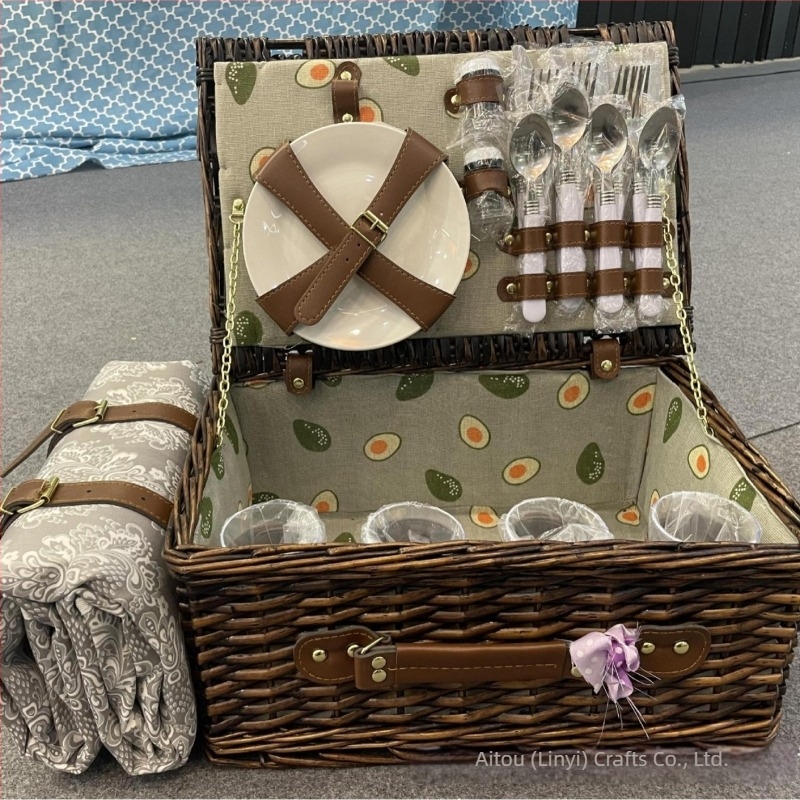 Piknik kosár, kézzel készített vesszőkosár fedővel, pásztor stílusú tárolókosár gyümölcsökhöz és másokhoz, izolált edényes táska (4 darabos készlet)